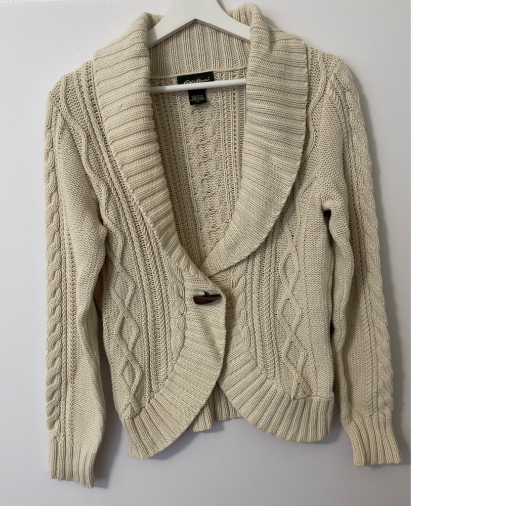 Eddie Bauer Cardigan Sweater Womens M Cream Cable Knit Shawl Collar Coastal Prep